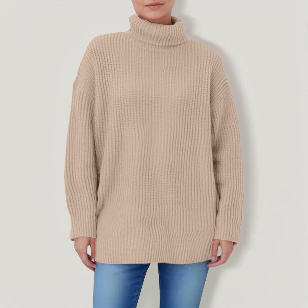 Women's Solid Color High Neck Long Sleeved Knitted Sweater Top Loose Sweater