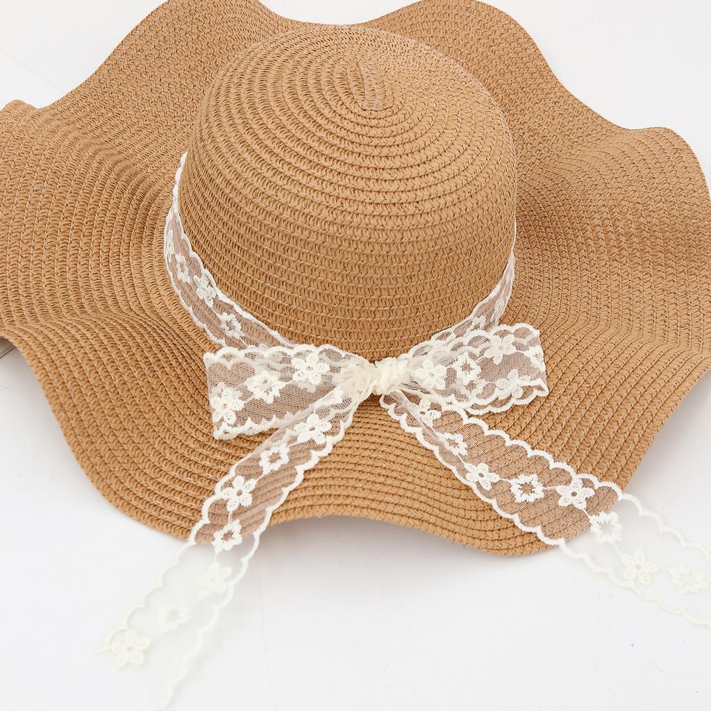 Милая уличная шляпа от солнца Женская отпускная пляжная шляпа-рыбак Кружевная лента Волнистый край Соломенная шляпа