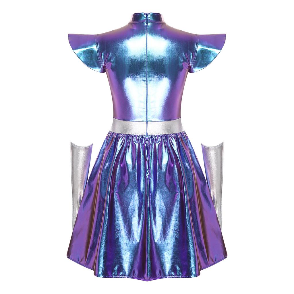 S-3XL Женский костюм для косплея инопланетянки, Металлическое блестящее платье, Вырез на шее и структурированные наплечники с перчатками для вечеринки в космической тематике