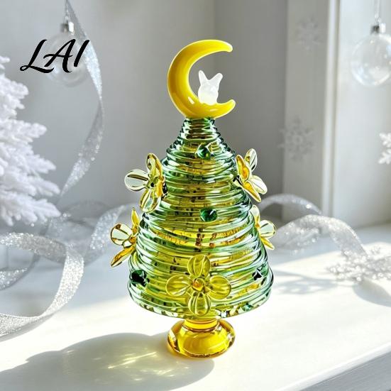 Christmas Tree with Colorful Dots Glazed Figurine Star Moon Decor Glass Rotating for Office Wire Wrapped Desk Mini Holiday Tabletop Ornament Unique