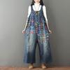 Vintage Floral Printed Denim Jumpsuits Women Retro Wide Leg Denim Overalls for Women