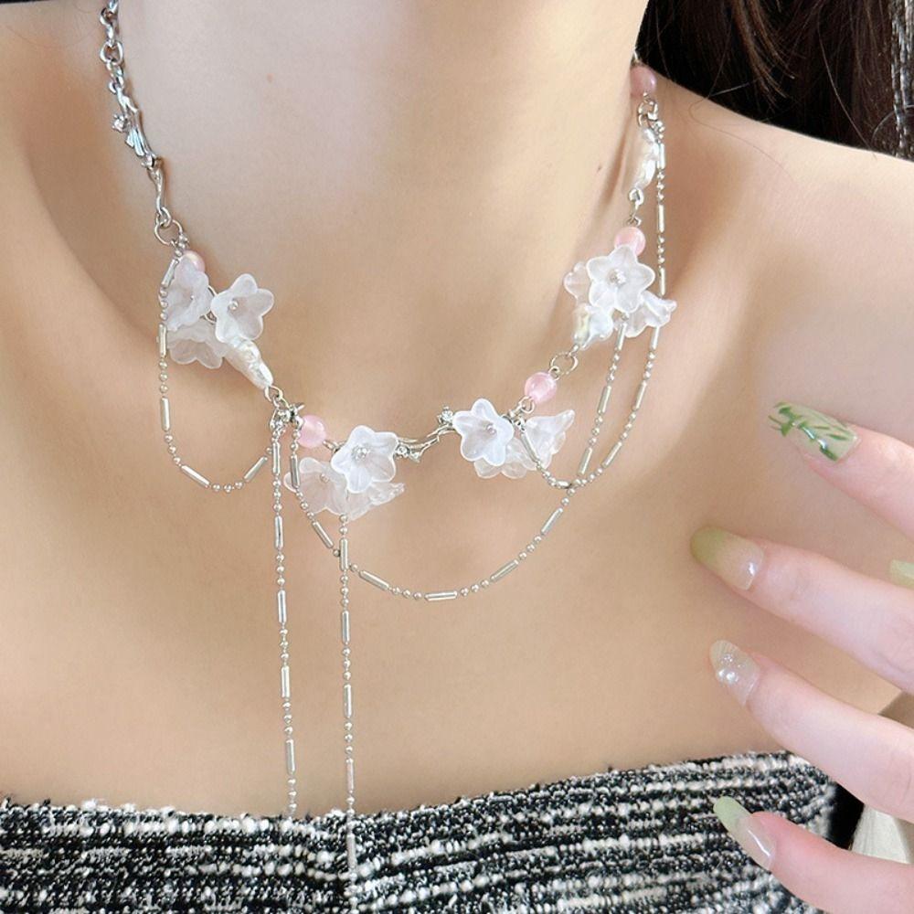 Sweet Pink Cherry Blossom Necklace Light Luxury Clavicle Chain Tassel Necklace Summer Jewelry