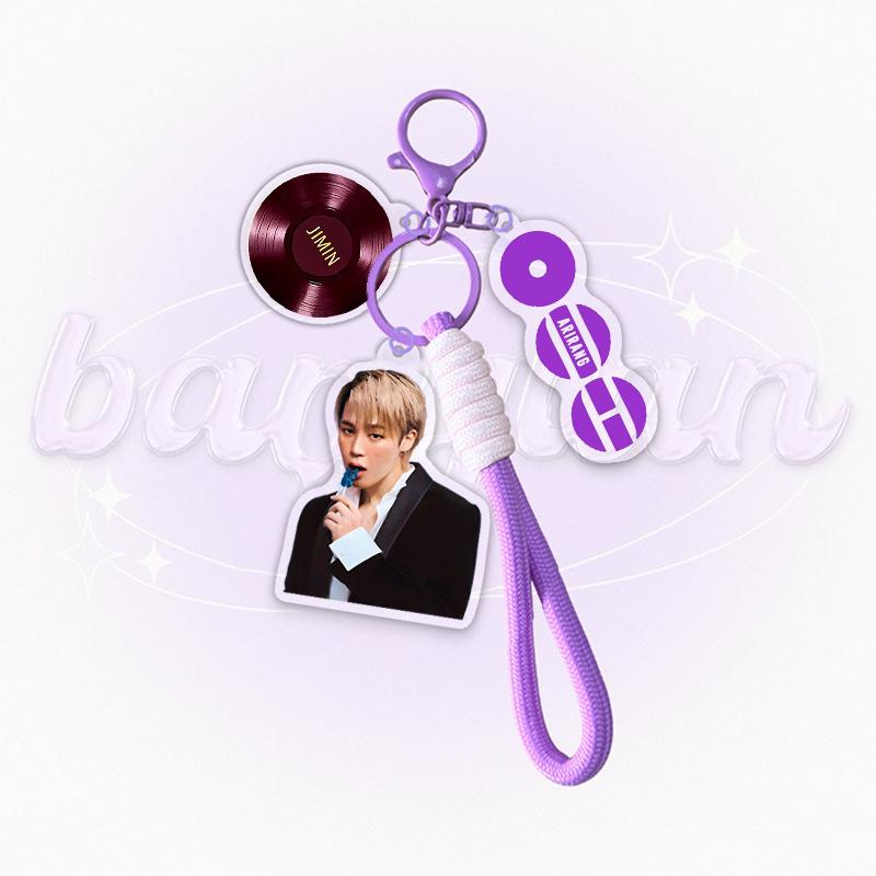 BTS Акриловый брелок с фото участника и фиолетовым плетеным ремешком, Брелок-подвеска в виде винилового диска Bangtan Boys, Аксессуар для сумки фаната K-pop ARMY