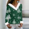 Женская футболка с рождественским принтом, длинный рукав, флисовый воротник, V-образный вырез, футболка