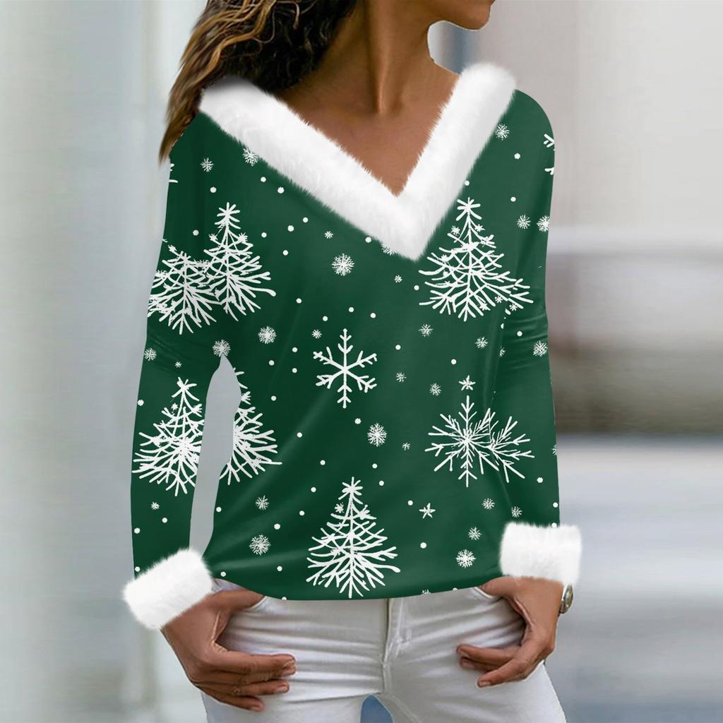 Женская футболка с рождественским принтом, длинный рукав, флисовый воротник, V-образный вырез, футболка