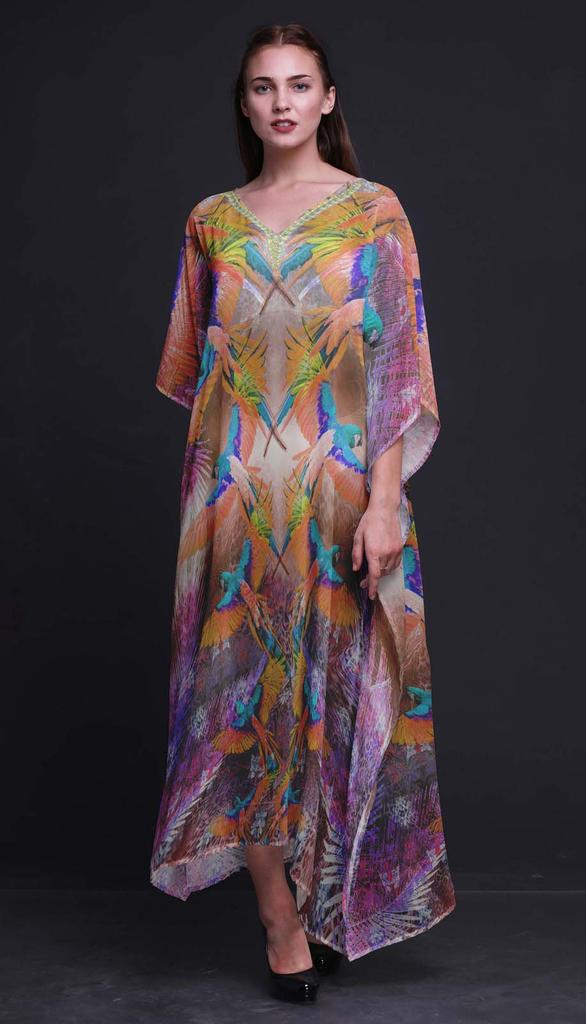Phagun Branch & Colorful Parrot Bird Long Caftan Maxi Dress Beach Swimwear Cover Up Womens