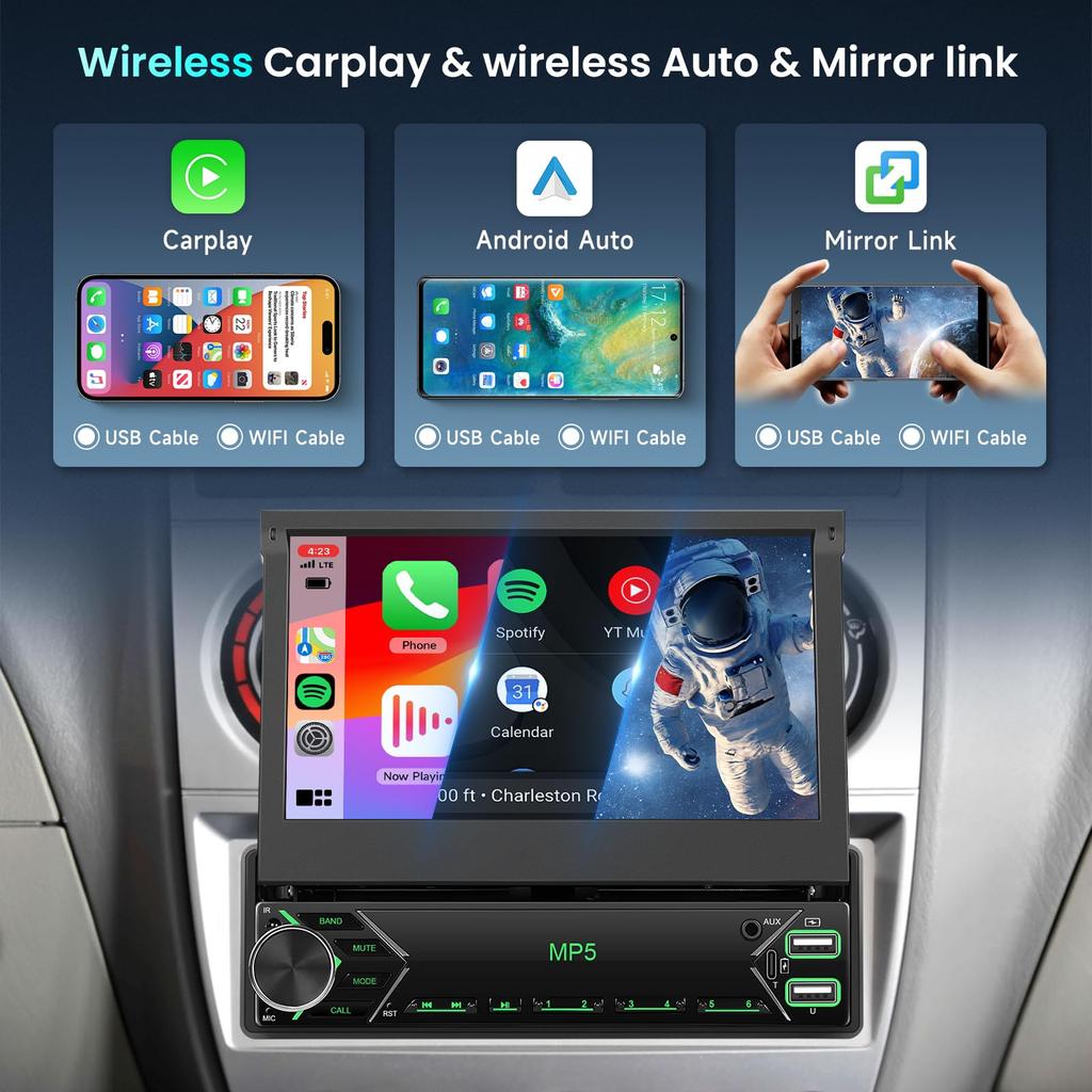 1DIN автомобильная аудиосистема с сенсорным экраном, автомобильное стерео радио CarPlay Android Auto Android Hodozzy SWC Mirror Link FM-радио EQ 7-дюймовая раскладная автомобильная стереосистема с цветным дисплеем