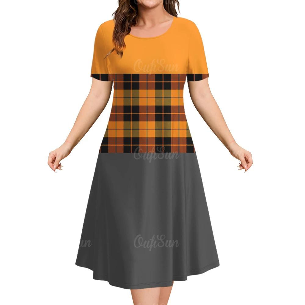 Летние платья для женщин Лоскутные принты Клетчатая одежда Столкновение цветов Вечернее платье Простой короткий рукав пуловер А-силуэт юбка