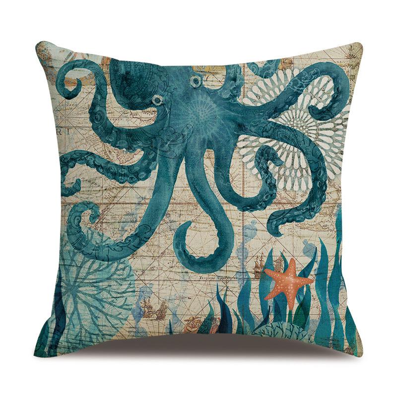 Linen Pillowcase Hand-painted Marine Cotton Linen Coral Seahorse Starfish Octopus Home Soft Furnishing Cushion Cover