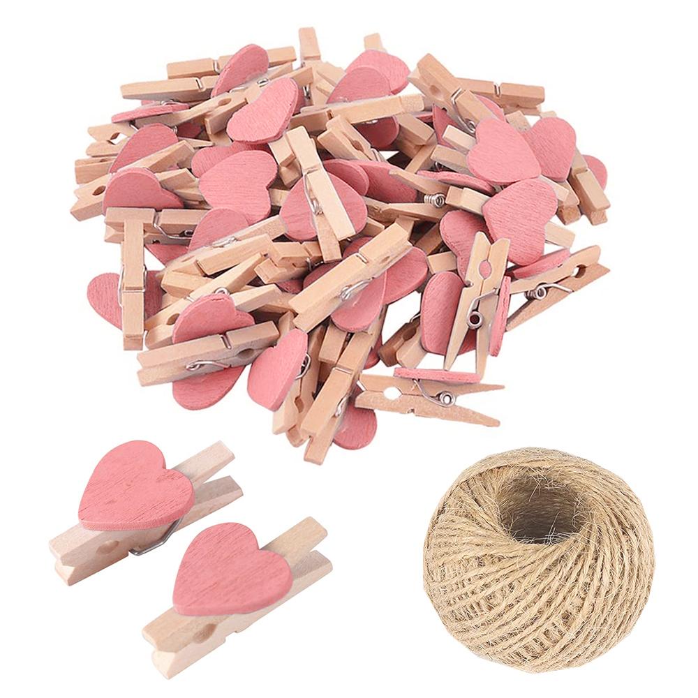 Mini Wooden Heart Clothespins, Multicolor Small Clothespins with Heart,  Tiny Clothes Pins with String for Photos Display,DIY Craft,Wedding Decor
