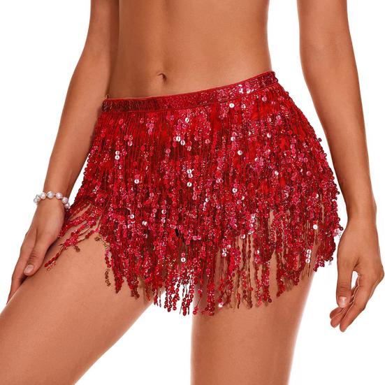 Belly Dance Sequin Tassel Skirt Sparkling Glitter Rave Fringe Mid-rise Skirt Solid Color Dance Parties Performances Skirt