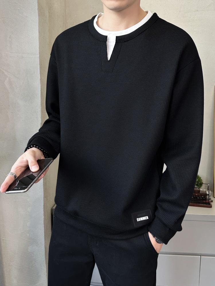 Men's Two-Piece Look Heavyweight Long Sleeve Hoodie 2025 Spring/Autumn Round Neck Base Shirt