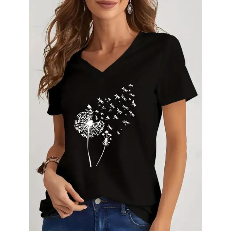 Summer V-neck 3D Flower Pattern Printed Top Fashionable Casual Short Sleeved Women's T-shirts
