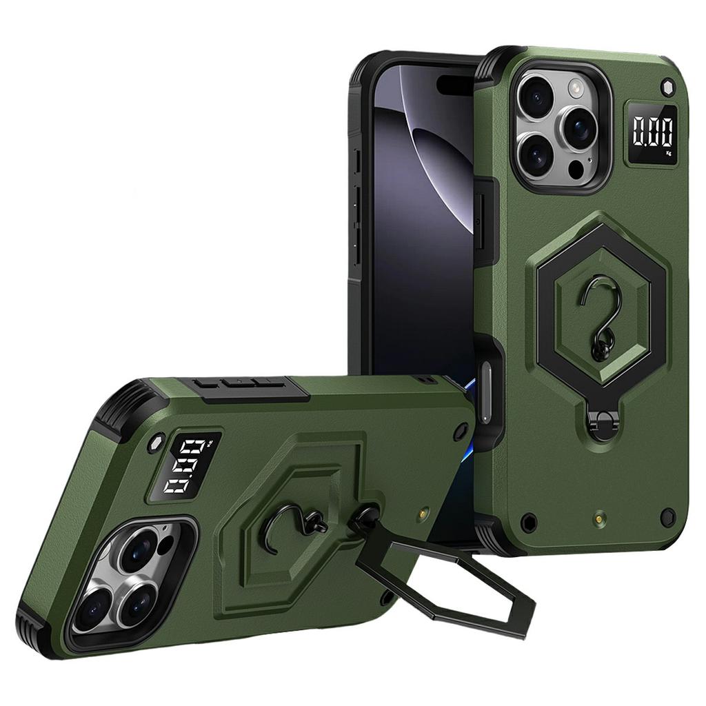 For iPhone 16 Pro Case Hexagonal Kickstand Shockproof TPU PC Matte Phone Cover with Integrated Scale Hook