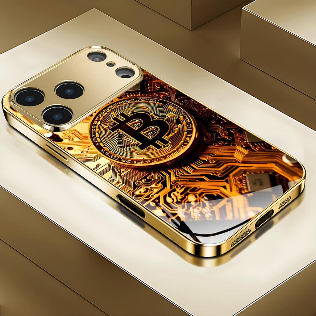 Премиальный золотой технический узор Биткоина Для чехла iphone 17 модные чехлы для телефона Стеклянный чехол для телефона для iPhone 17 16 15 14 13 pm Pro Plus