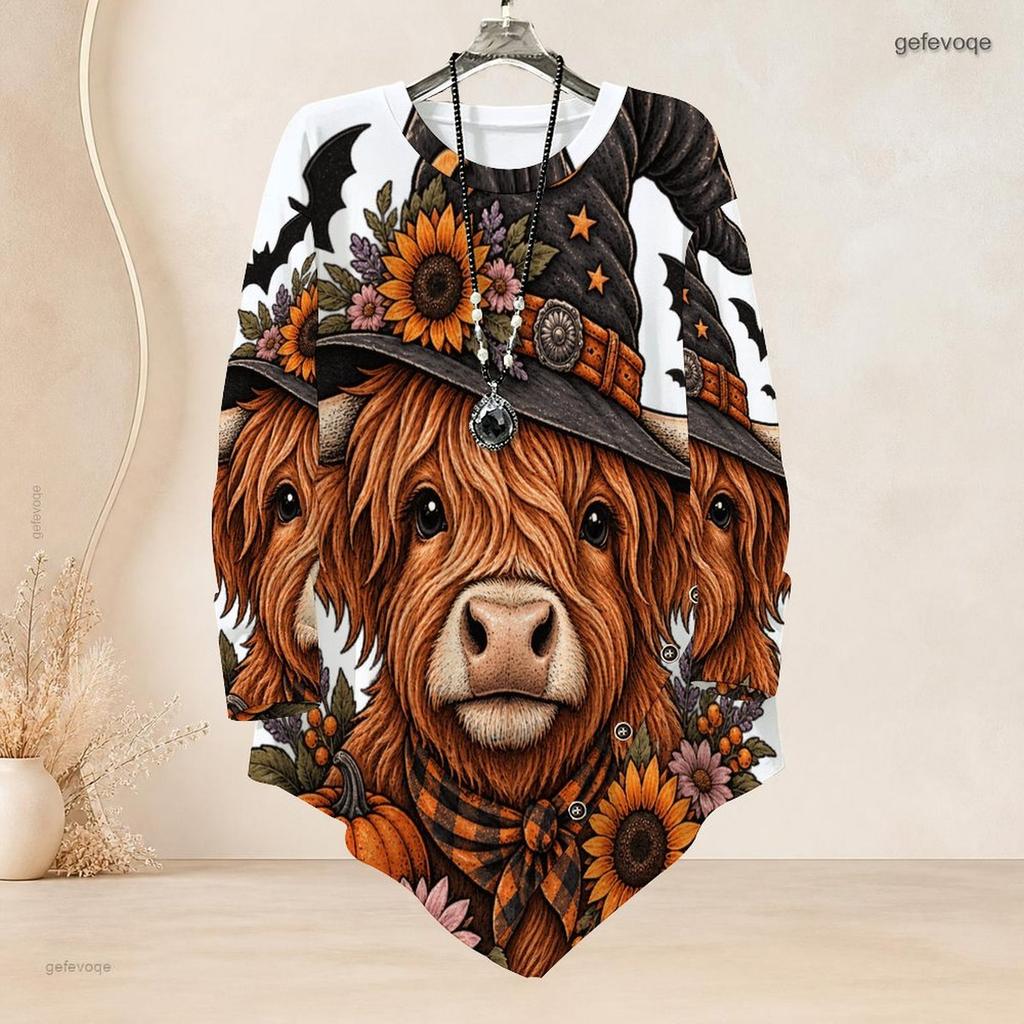 Women Plus Size Round Neck Long Sleeve T Shirt Halloween Snail Pumpkin Print Asymmetric Hem Button Detail