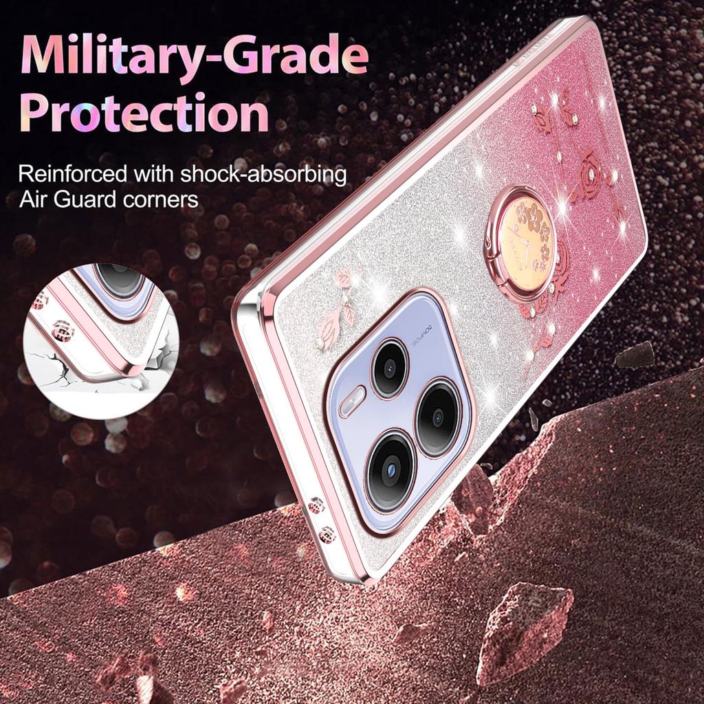 For Xiaomi Redmi Note 14 5G Case Ring Kickstand TPU Flowers Phone Cover Gradient Glitter