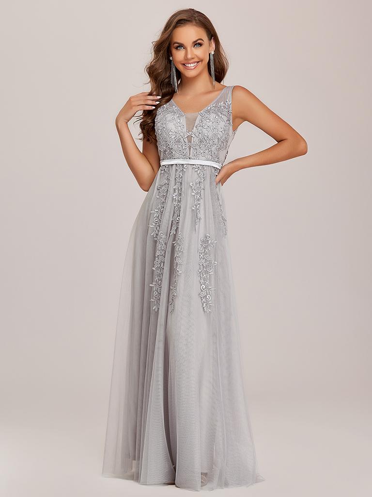 Элегантные женские вечерние платья Ever-Pretty из струящегося тюля с прозрачными аппликациями и V-образным вырезом без рукавов