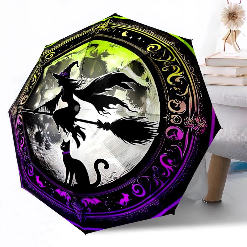 Witch On Broomstick At Night Portable Automatic Umbrella Folding Umbrella with 8 Ribs Durable Plastic & Iron for Women/Men Elegant Women's Umbrella