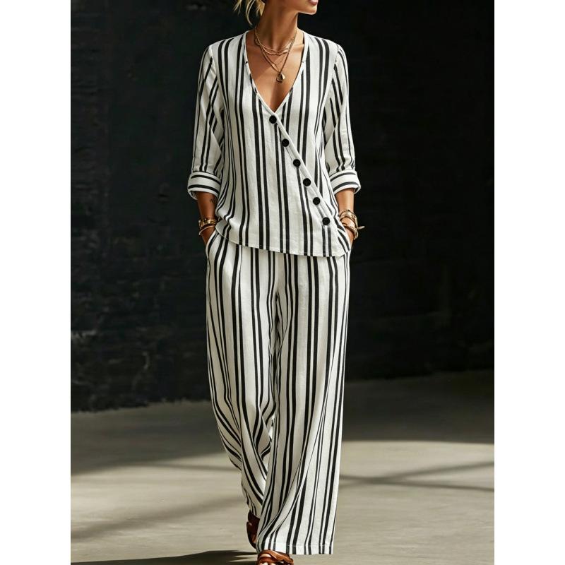 Summer new green bottom plant branches and leaves printing V-neck diagonal shirt wide-leg pants two-piece set women's casual cover