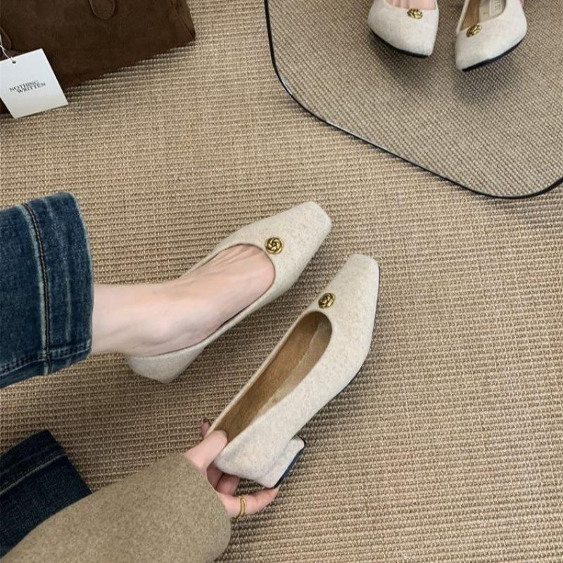 Fashion Spring New Low Heel Single Shoes Women's Fashion Square Head Shallow Mouth Suede Metal Buckle Non-slip Low Top Shoes