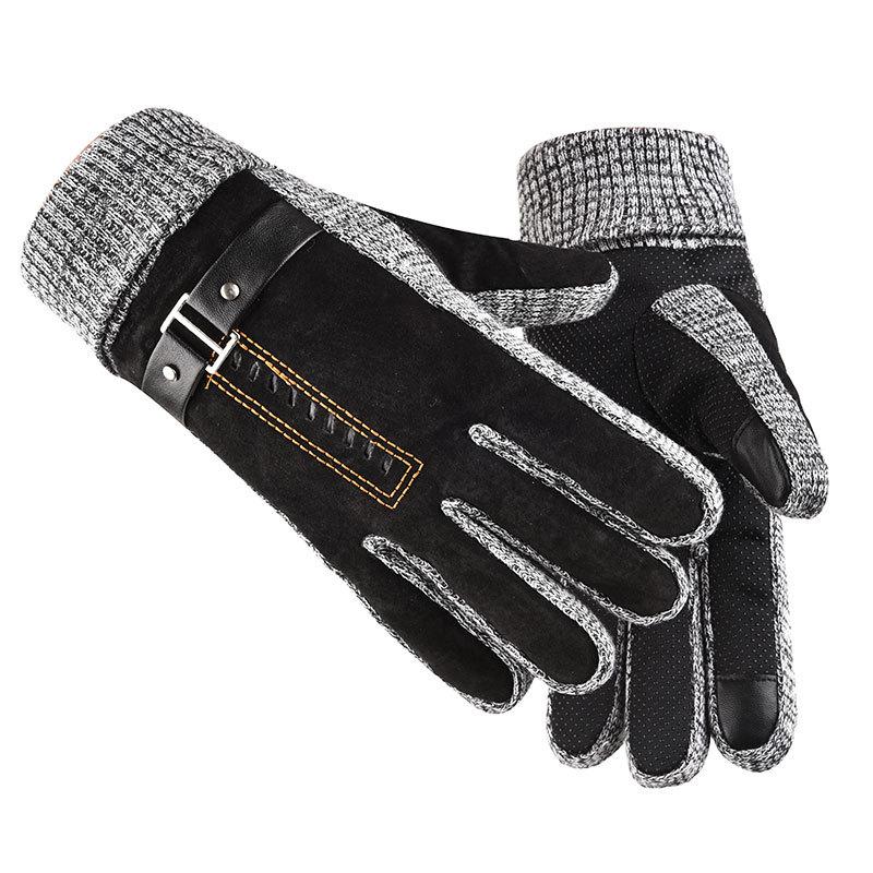 Men's Pigskin Gloves with Touch Screen Winter Outdoor Cycling Fleece and Thickened Warm Motorcycle Gloves