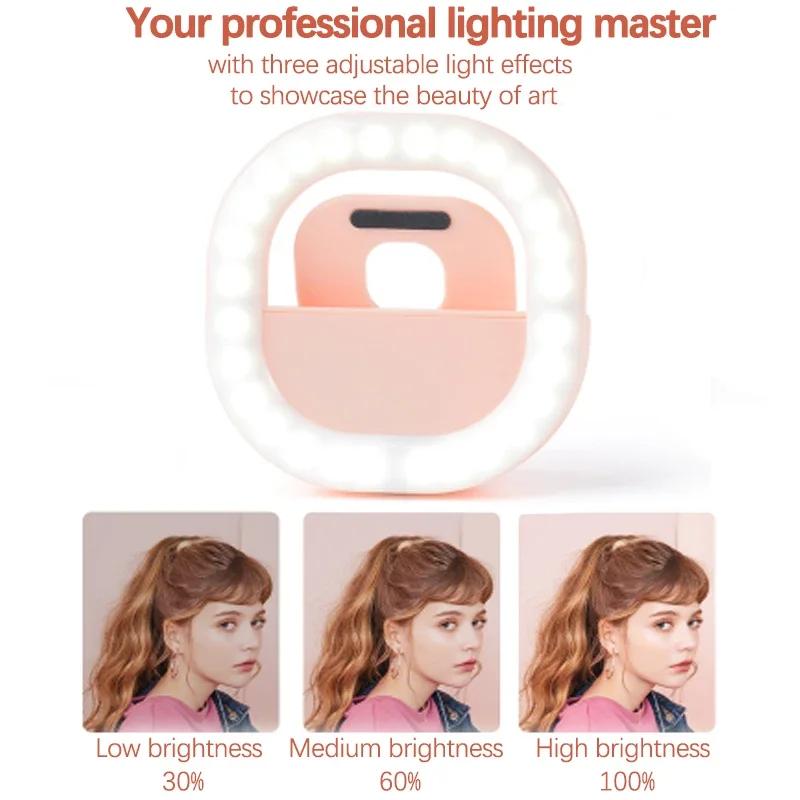 Mini Selfie Ring Light USB Portable Clip-on Led Phone Fill Light for 3-level Brightness Dimmable for Live Stream Selfie Makes Up