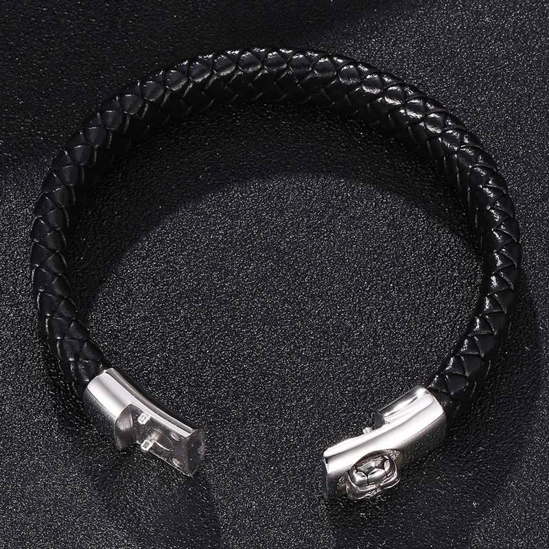 Fashion Man Jewelry Braided Leather Bracelet Skull Head Bracelet Stainless Steel Clasps Male Wrist Band Gifts