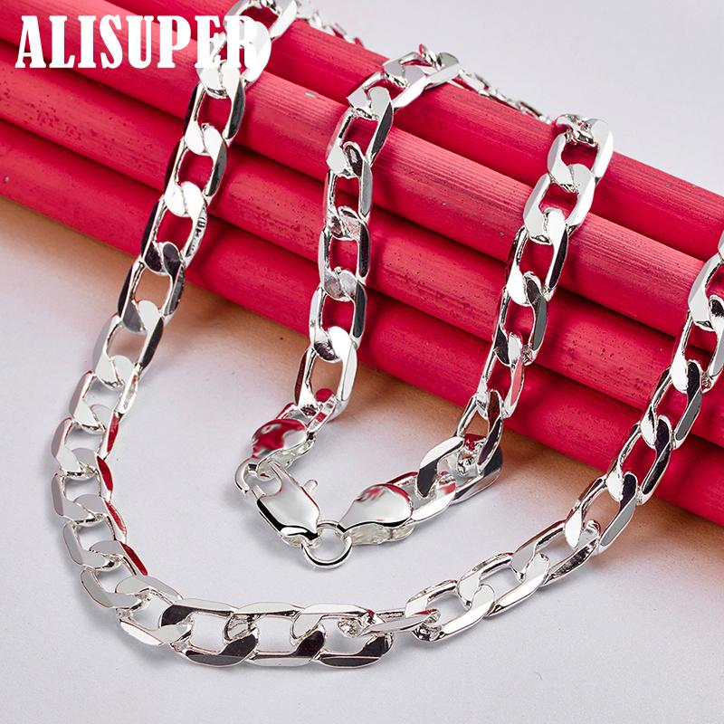 925 Sterling Silver 8mm Flat Side Chain 16/18/20/22/24 Inch Necklace Jewelry