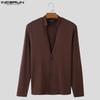 Men Deep V Neck Long Sleeve Rib Solid Color Buttons T-shirts Tops