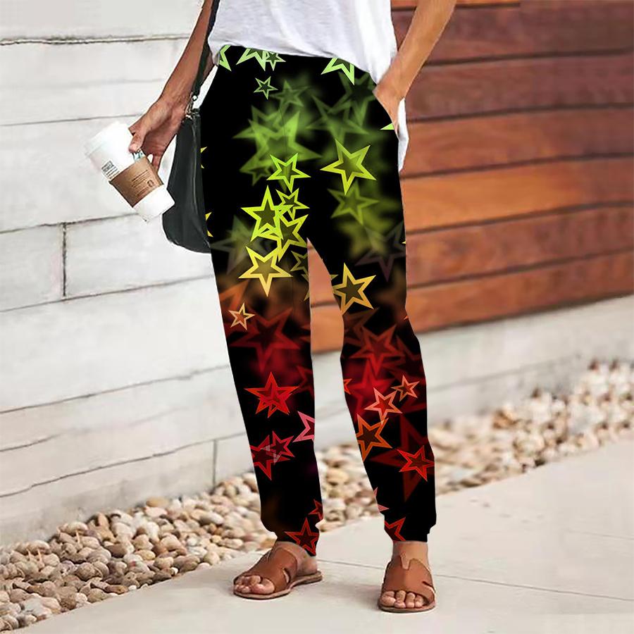 Women Pentagram Printing Pants Lace Up Elastic Waist Loose  Trousers Casual Long Pants Trousers with Pockets
