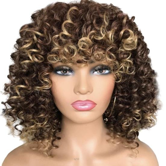 African Women Short Kinky Curly Wigs Silk Hair Natural Look with Bangs High Temperature Wigs Long-Lasting Wear