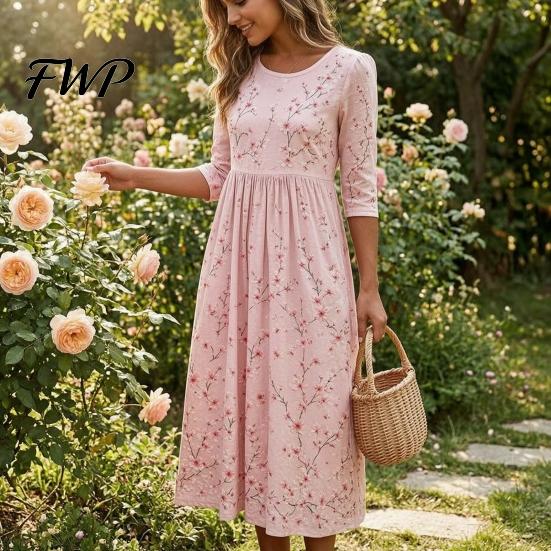 Slimming Silhouette Midi Dresses Autumn Floral Dress for Women, Long Sleeve Bohemian A Line Slim Fit Covering Belly Fat Dress, Vintage Waist-Cinching