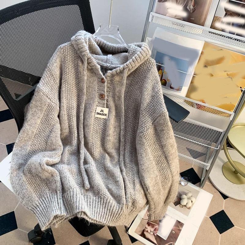 Осенне-зимний вязаный свитер с капюшоном для женщин с длинными рукавами, теплый свободный пуловер на пуговицах, однотонная толстовка