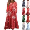 Women's Casual Round Neck Christmas Print Midi Dress Long Sleeve Pocket Dress