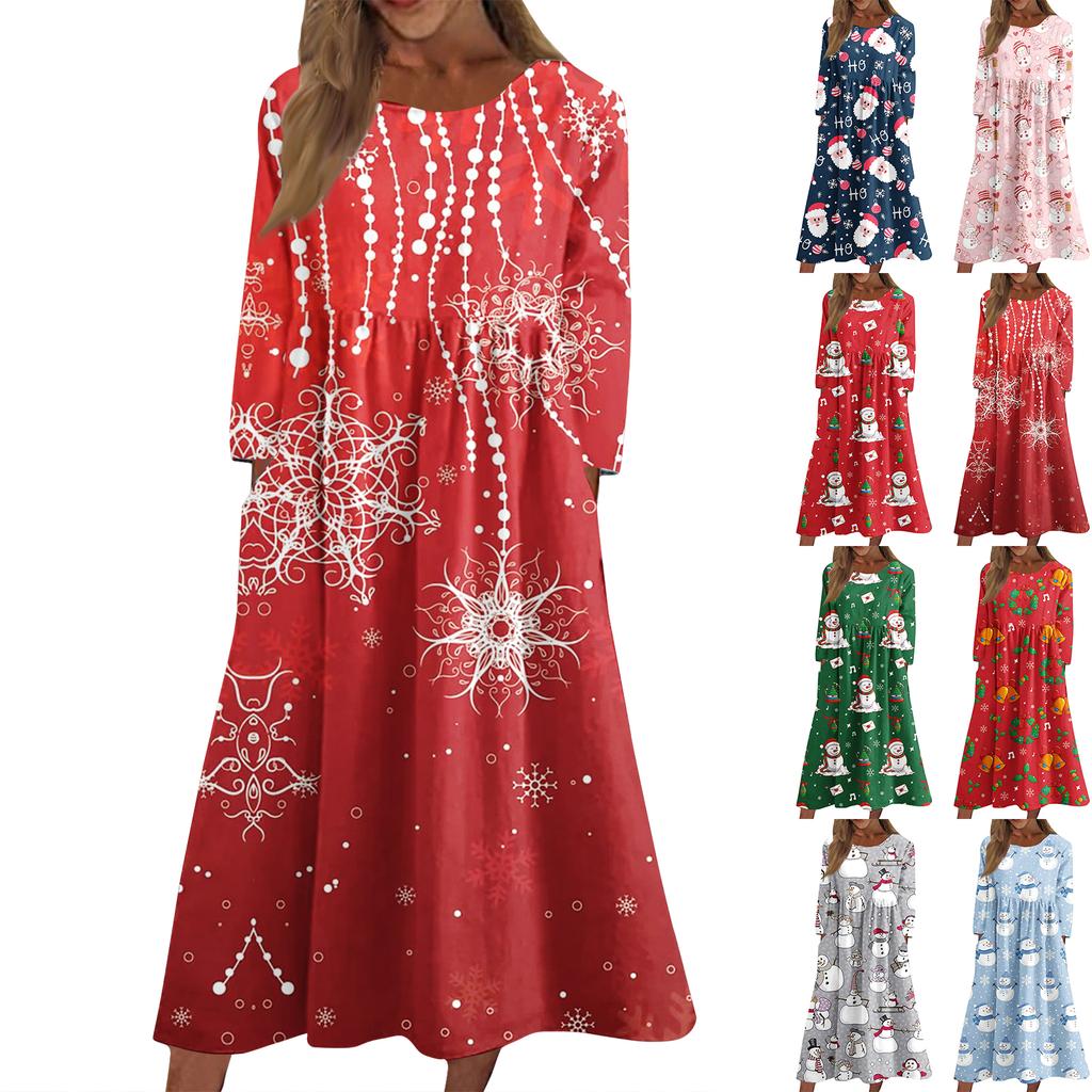 Women's Casual Round Neck Christmas Print Midi Dress Long Sleeve Pocket Dress
