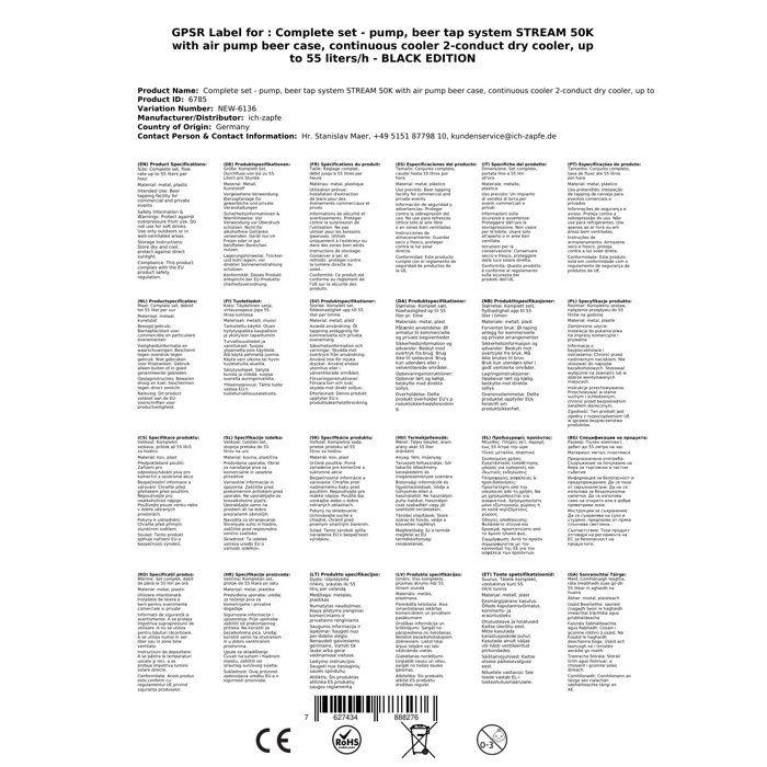 Système de distribution de bière - ICH-ZAPFE.DE - STREAM 50K 2 voies - Refroidisseur direct - 55 L/h - Mobile (pompe à air)