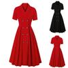 Женское платье с коротким рукавом, однотонное, винтажное, с лацканами и большой юбкой-клеш