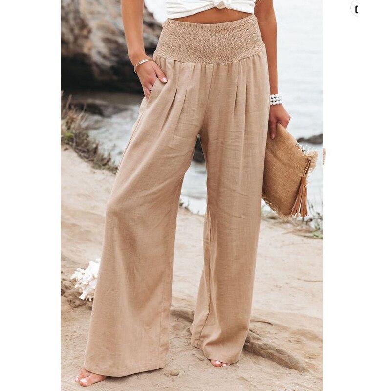 2023 Casual Beach Wide Leg Pants Women Fashion Solid Elastic Cotton Linen Long Pants Chic Loose High Waist Ladies Trousers 22683