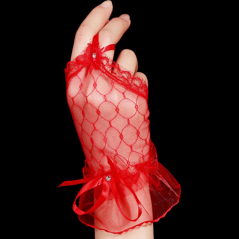 Женские короткие перчатки для вечерней вечеринки с бантом и лентой, однотонные, дизайн полуладони, модные аксессуары, кружевная сетка, для маскарада, 1 пара