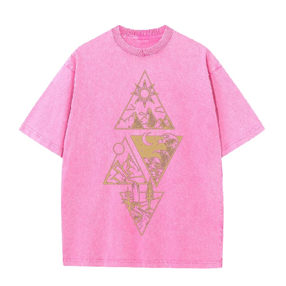 2026 Vintage Washed Black Triangle Mountain Wave Sun Moon Graphic T Shirt Nature Wilderness Line Print Oversized Casual Short Sl