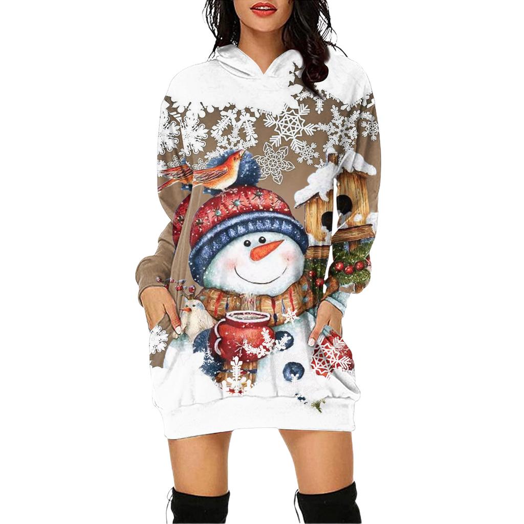 Women's Christmas Print Long-Sleeved Hooded Pocket Pullover Dress