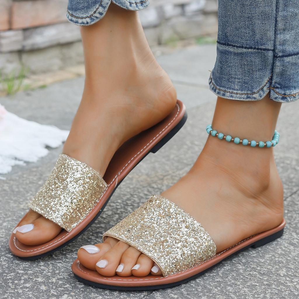Лето 2025 новые женские шлепанцы на плоской подошве с пайетками, мягкой подошве, удобные, повседневные, больших размеров 36-43, для внешней торговли