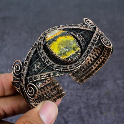 Браслет-манжета из натуральной яшмы шмеля с медной проволокой, регулируемый V1U17