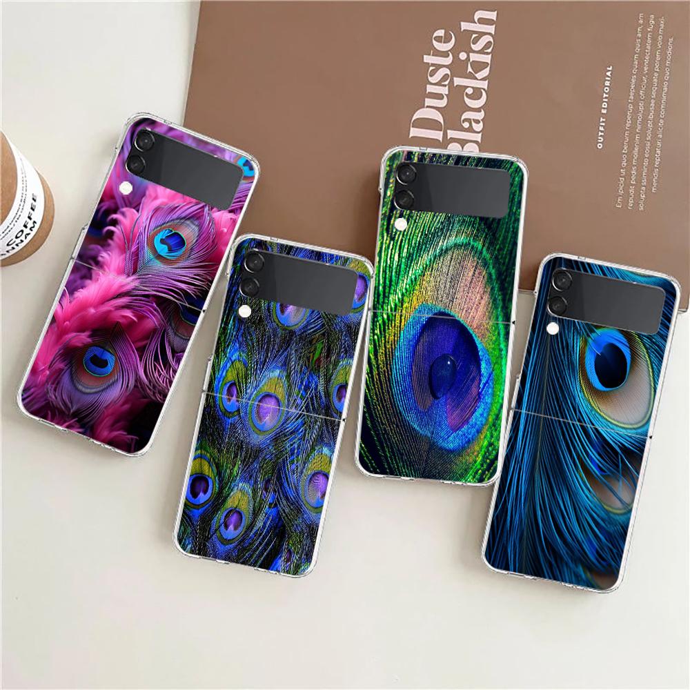 Peacock Feathers Hard PC Phone Case For Samsung Galaxy Z Flip 5 4 3 Transparent Cover For Galaxy Z Flip 6 Foldable Shockproof