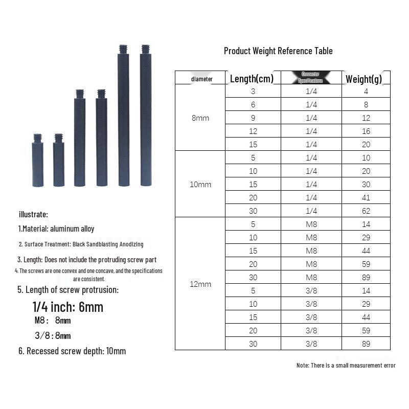 Aluminum Alloy Extension Rod with 1/4" and 3/8" Thread for Camera, Fishing, Light Pole, and Tripod Photography.