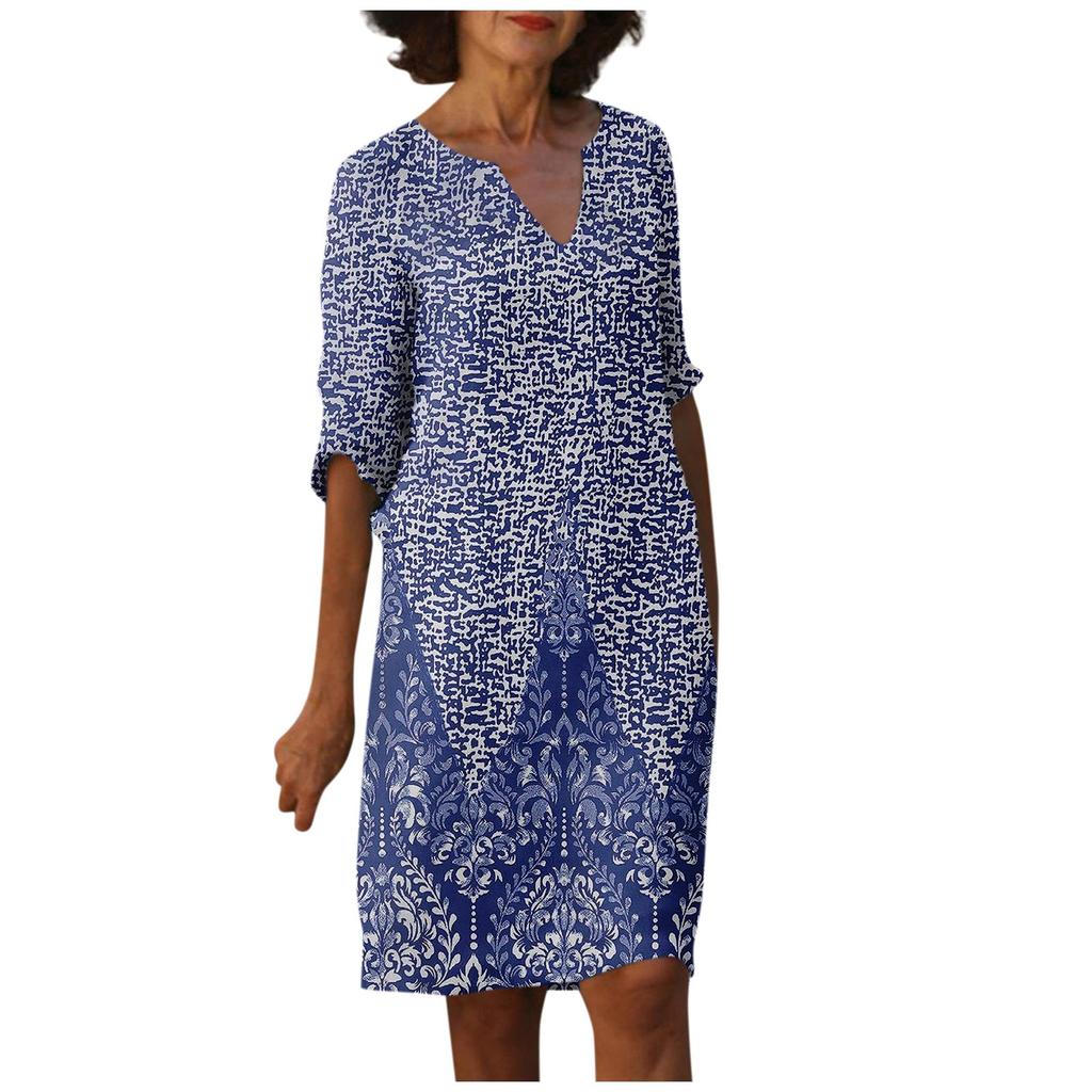 Women's Summer Vintage Print V-Neck Half Sleeve Dress Dresses