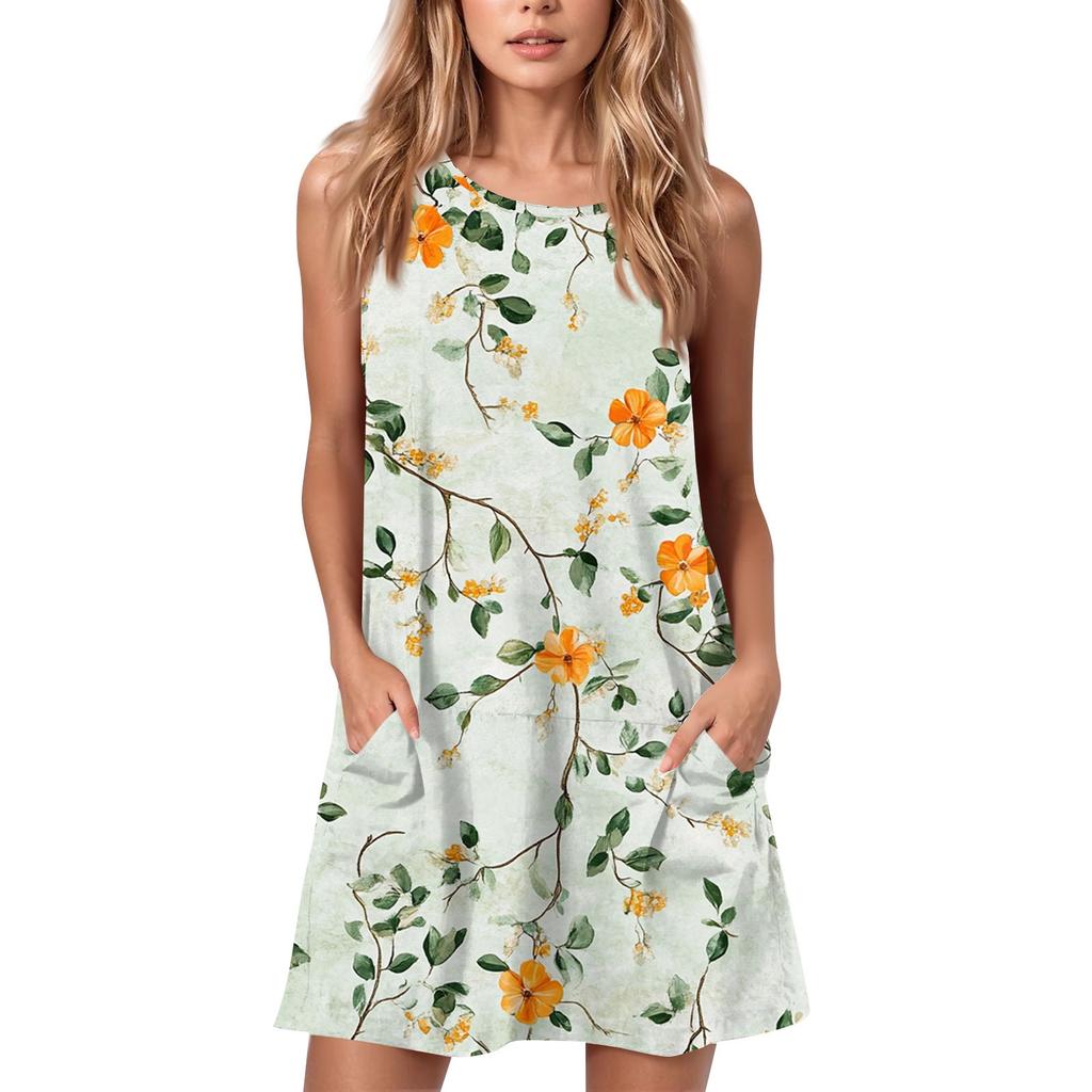 Женское летнее повседневное платье с круглым вырезом и принтом, платье без рукавов с карманами