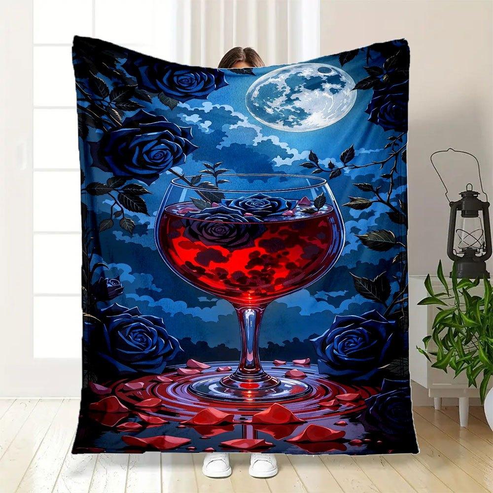 Midnight Elegance: Wine Glass with Blue Roses and Full MoonBlanket Flannel Throw Blanket for Sofa, Bed, Travel, Camping, Office, Couch, Chair