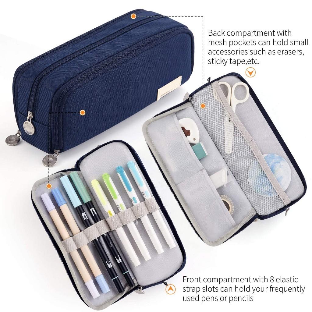 Large Capacity Pencil Case 3 Compartment Pouch Pen Bag for School Teen Girl Boy Men Women,Navy